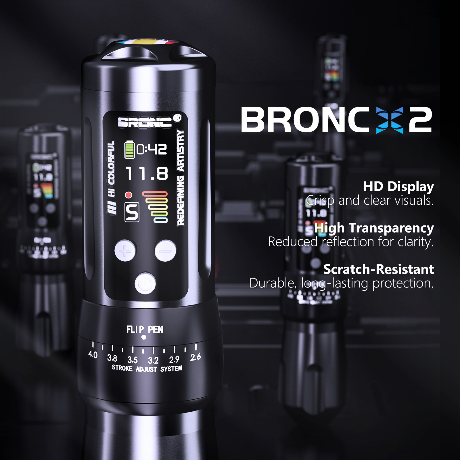 BRONC X2 ワイヤレスタトゥーマシン|ストローク調整2.6〜4.0mm|2000mAh大容量|高出力・低振動|プロ仕様