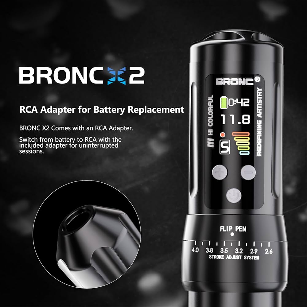 BRONC X2 ワイヤレスタトゥーマシン|ストローク調整2.6〜4.0mm|2000mAh大容量|高出力・低振動|プロ仕様