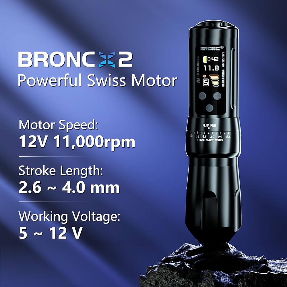 BRONC X2 ワイヤレスタトゥーマシン|ストローク調整2.6〜4.0mm|2000mAh大容量|高出力・低振動|プロ仕様