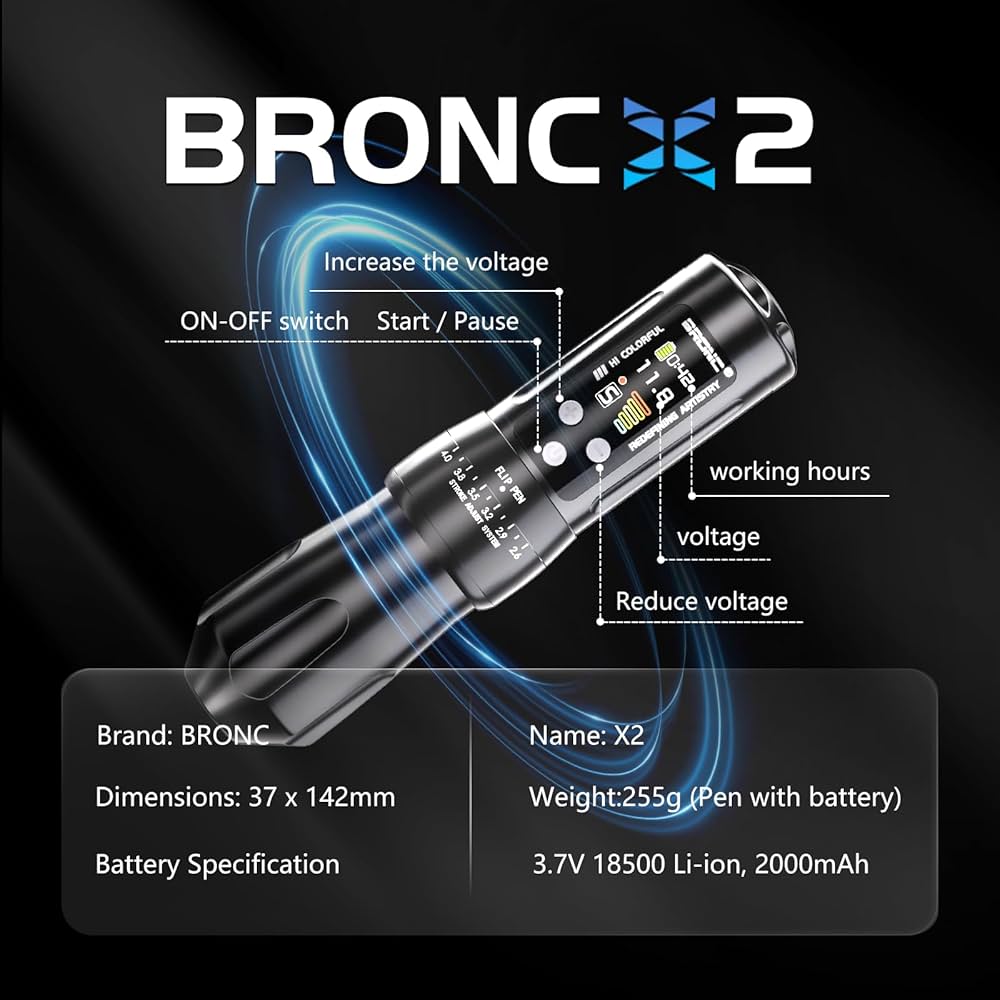 BRONC X2 ワイヤレスタトゥーマシン|ストローク調整2.6〜4.0mm|2000mAh大容量|高出力・低振動|プロ仕様
