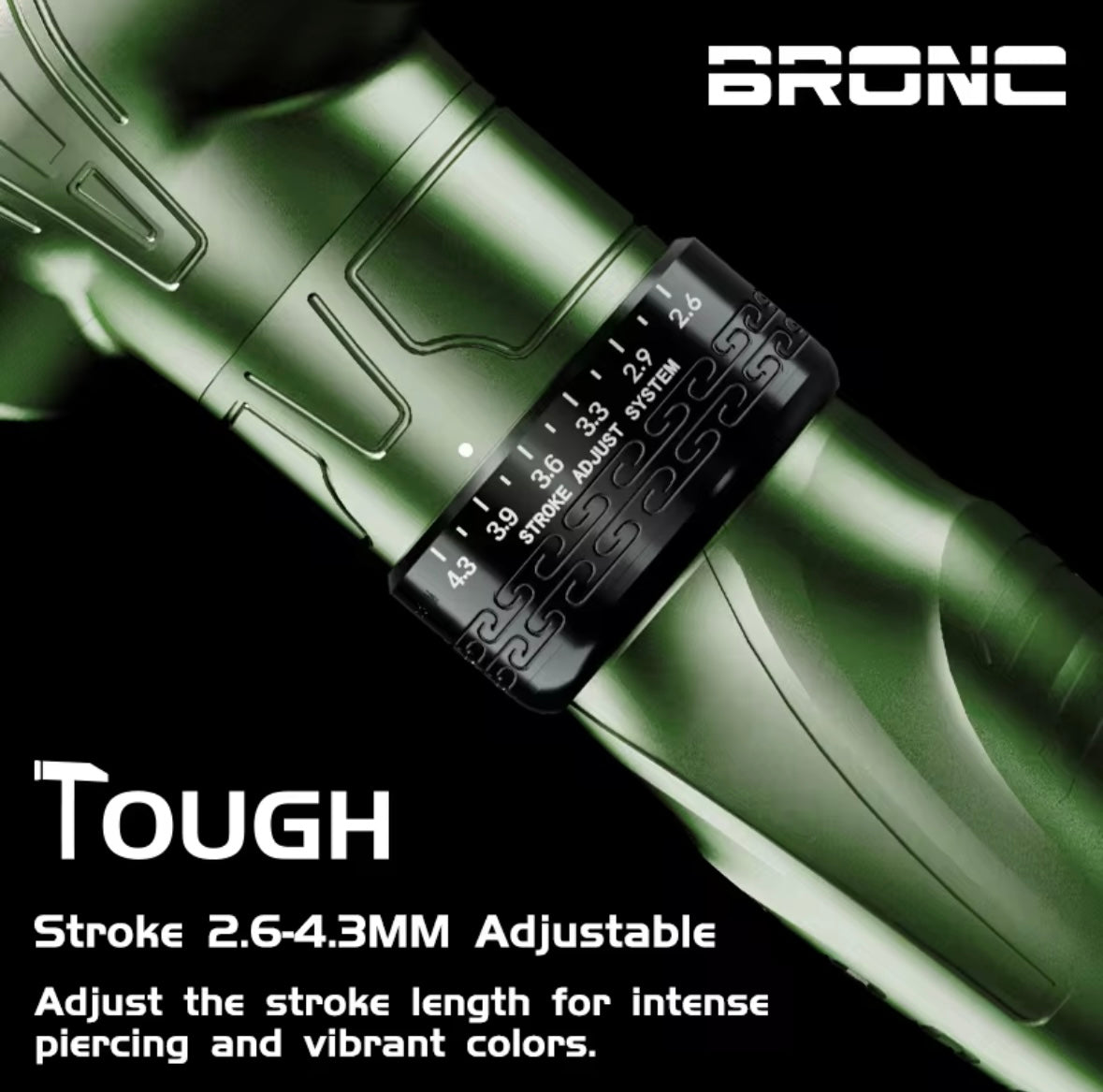 BRONC TOUGH タトゥーマシン|ストローク調整 2.6〜4.3mm|高出力・低振動|Type-C充電|プロ仕様