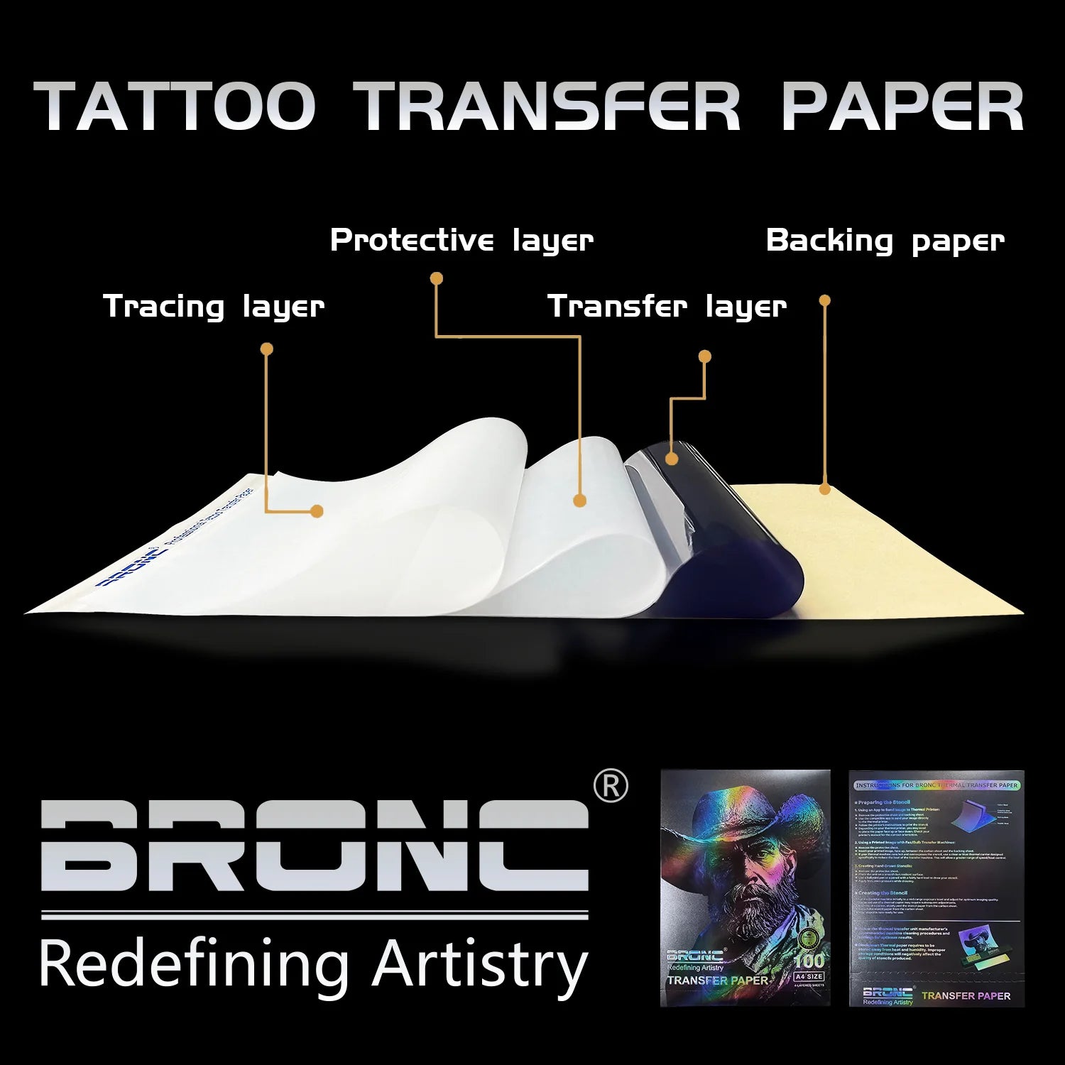 BRONC タトゥー転写ステンシルペーパー 4層 100枚