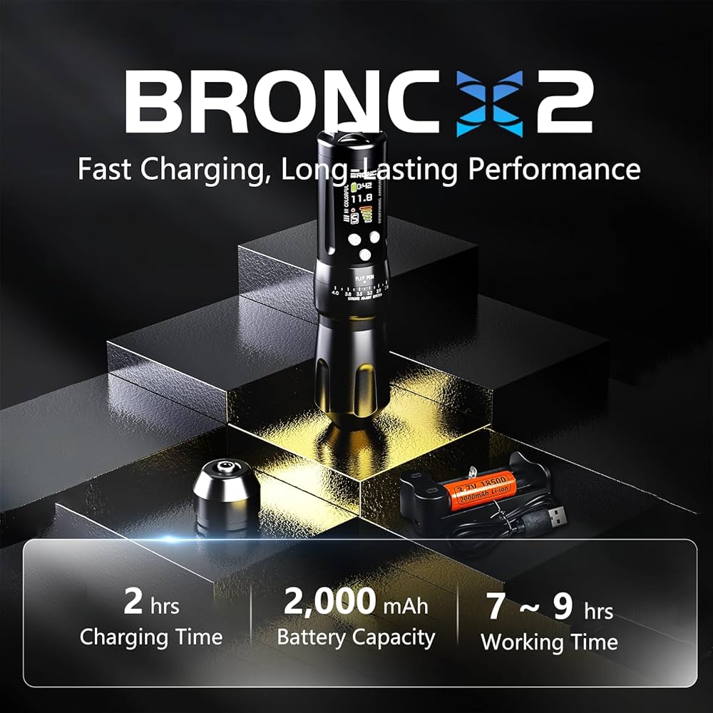 BRONC X2 ワイヤレスタトゥーマシン｜ストローク調整2.6〜4.0mm｜2000mAh大容量｜高出力・低振動｜プロ仕様